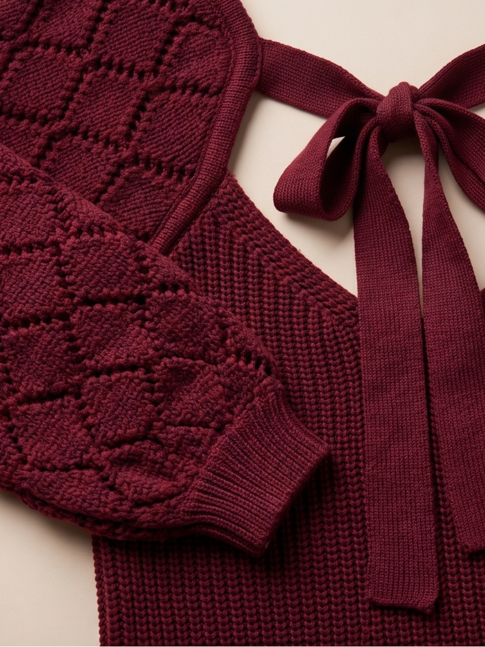 Lulus Burgundy Tie Back Knit Sweater | Boho Balloon Sleeve Cottagecore Top | Med - Picture 6 of 8